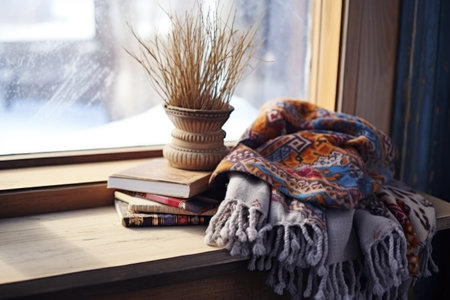 book on winter folklore resting on a wool scarf against a frosty window, created with generative aiの素材