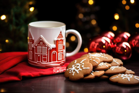 christmas storybooks beside gingerbread cookies and red mug, created with generative aiの素材