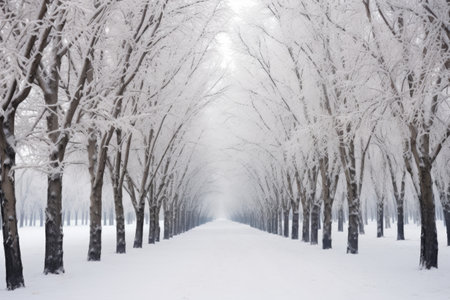 snowfall on a row of trees, wide-angle view, created with generative aiの素材
