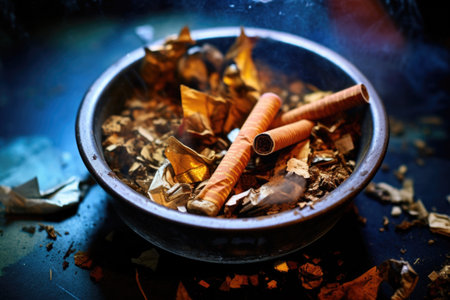 a photo of crushed cigarettes in an ashtray, created with generative aiの素材