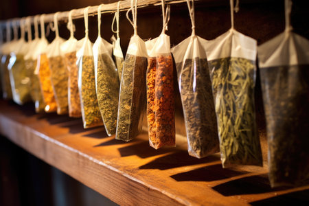 a row of neatly displayed herbal teas in teabags, created with generative aiの素材