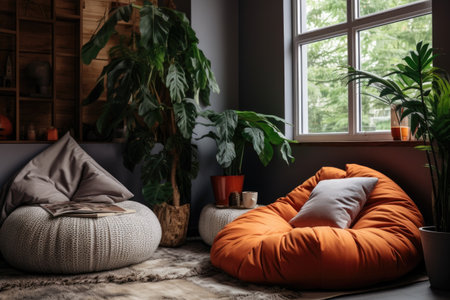 relaxation corner with bean bag in home office, created with generative aiの素材