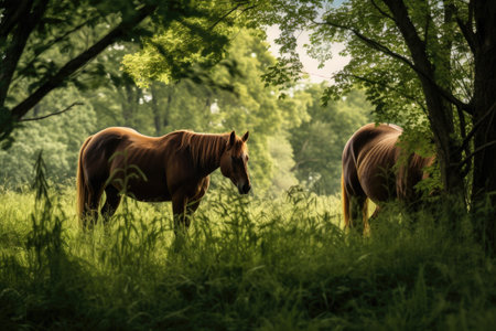 two horses grazing side-by-side in a lush pasture, created with generative aiの素材
