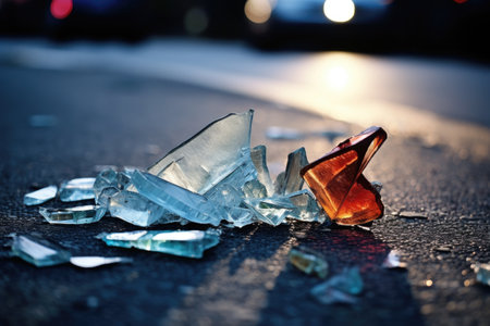 broken glass shards on asphalt, created with generative aiの素材