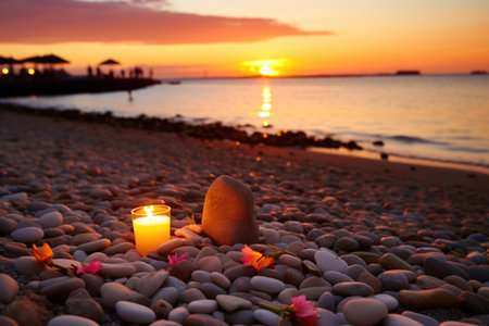 love message written with pebbles on a beach during sunset, created with generative aiの素材