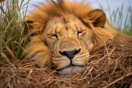 a sleeping lion amidst the grass, created with generative aiの素材