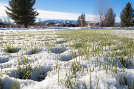 patch of ground transitioning from snow to grass, created with generative aiの素材