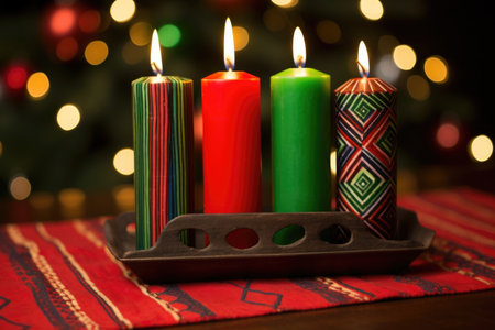 kwanzaa candles in a handcrafted wooden stand, created with generative aiの素材