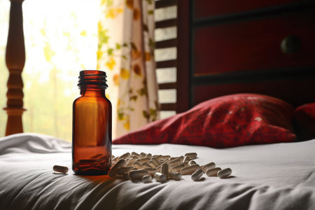 melatonin pills spilling from a bottle near a headboard, created with generative aiの素材