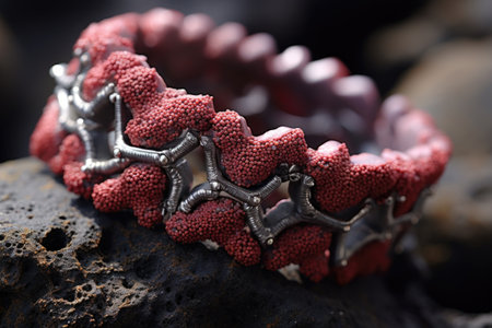 a macro shot of a beaded bracelet on a rough volcanic rock, created with generative aiの素材