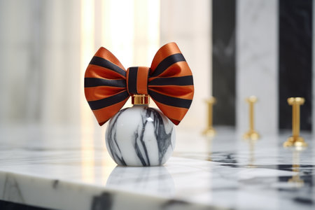a perfume bottle with a bow tie next to it on a marble countertop, created with generative aiの素材