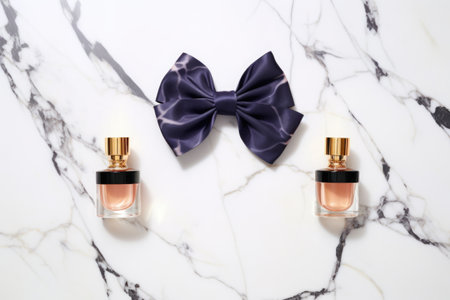 top view of a bow tie and a perfume bottle placed on a white marble surface, created with generative aiの素材