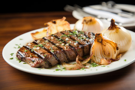 grilled onion slices served with a juicy steak on a white plate, created with generative aiの素材