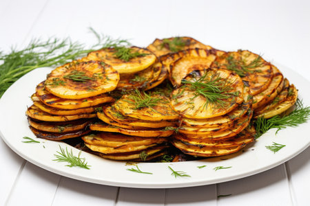 grilled onion slices garnished with fresh herbs on a white plate, created with generative aiの素材
