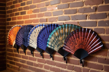 a row of hand fans with different patterns leaning against a brick wall, created with generative aiの素材