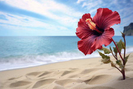 a hibiscus flower with a blurred beach in the background, created with generative aiの素材