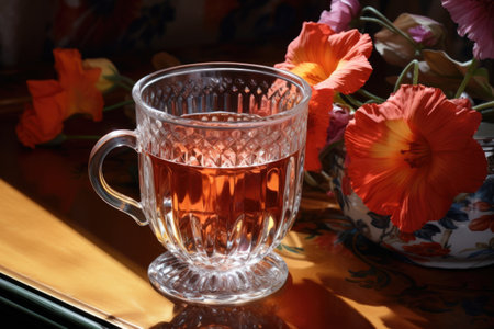 a hibiscus tea cup on a glass table reflecting the cup and flowers around it, created with generative aiの素材