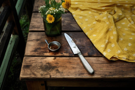 top view of a butter knife wedged into a weathered picnic table, created with generative aiの素材