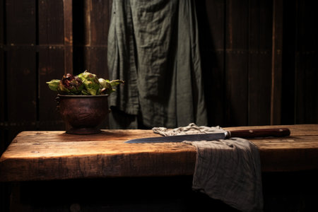 a rustic wooden table with a sharp chefs knife lodged in it, created with generative aiの素材