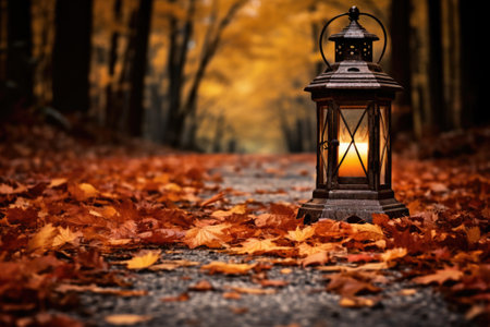 rustic lantern sitting on an empty road lined with autumn leaves, created with generative aiの素材