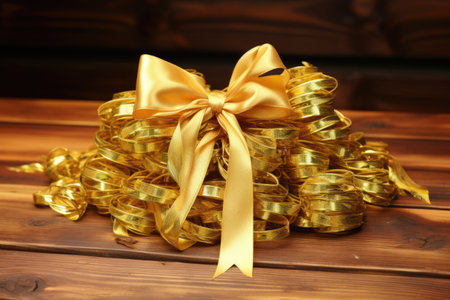 a pile of freshly polished nails tied with a golden ribbon on a wooden table, created with generative aiの素材