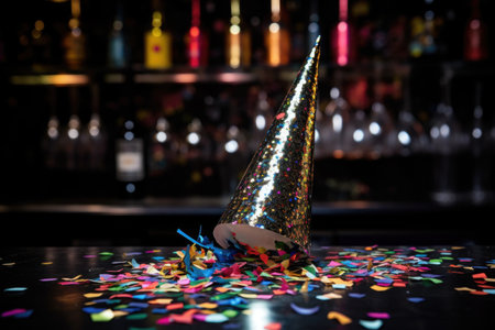 close-up of a party hat with confetti and a shot glass on a sleek black bar counter, created with generative aiの素材