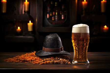 a party hat beside a beer mug filled with frothy ale on a dark bar counter, created with generative aiの素材