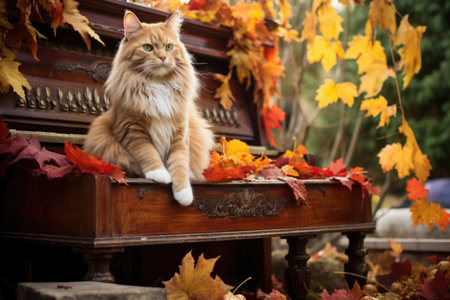 a cat sitting on an antique piano in a backyard with autumn leaves, created with generative aiの素材