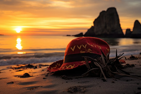 pirate hat on a beach with a sunset background, created with generative aiの素材