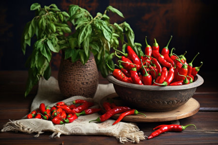 a chili pepper plant next to a bowl of fresh peppers on a rustic table, created with generative aiの素材