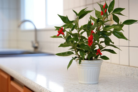 close-up of chili pepper plant on a white-tiled kitchen counter, created with generative aiの素材