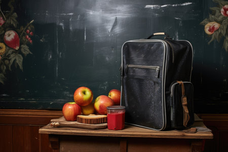 backpack and lunchbox placed next to a chalkboard, created with generative aiの素材