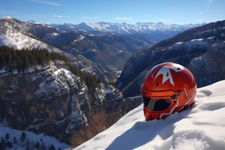 bright ski helmet on the edge of a cliff, overlooking a snow-filled valley, created with generative aiの素材
