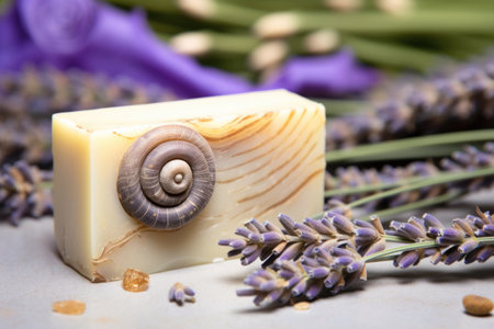 macro shot of snail on a lavender-scented soap bar beside dried lavender flowers, created with generative aiの素材