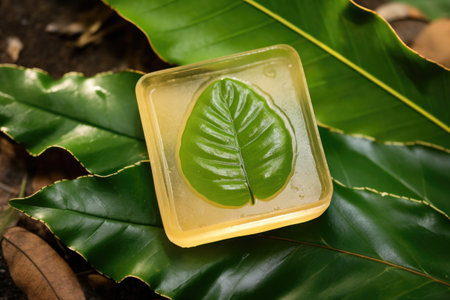 overhead shot of a snail on a soap bar placed on a leaf in a natural outdoor setting, created with generative aiの素材