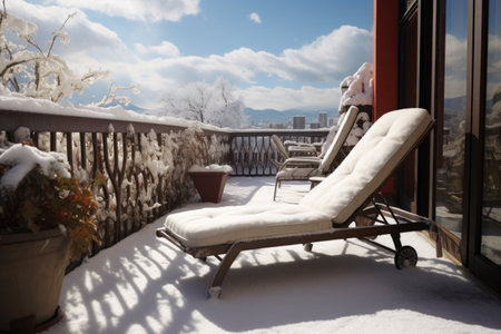 sun lounger on a balcony covered in snow, contrast between summer and winter, created with generative aiの素材