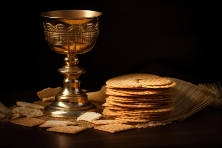 a close shot of a chalice and wafers prepared for communion, created with generative aiの素材