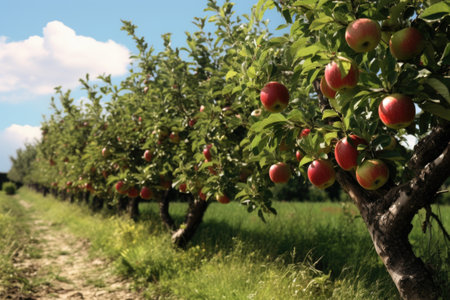 row of apple trees with fallen fruit, created with generative aiの素材