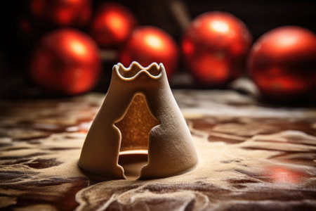a cookie cutter with a shape of a christmas bell near dough, created with generative aiの素材
