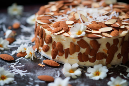 close-up of almond flakes on sides of the cake, created with generative aiの素材