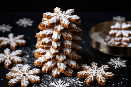 tower of cookie snowflakes against a dark background, created with generative aiの素材