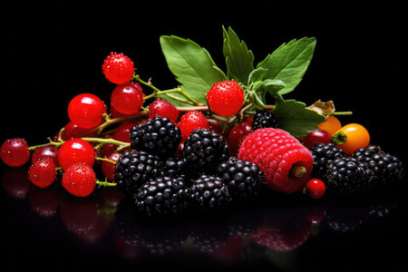colorful berries spread on a black background, created with generative aiの素材