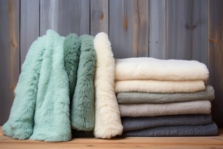 fuzzy wool blanket arranged on a wooden surface, created with generative aiの素材