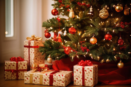 close up of a christmas tree with unopened presents underneath, created with generative aiの素材