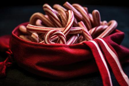 close-up shot of candy canes in a velvet pouch, created with generative aiの素材