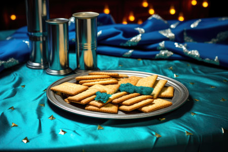 blue and silver crackers on a teal tablecloth, created with generative aiの素材