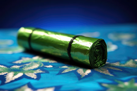 a close-up of a green christmas cracker on a blue tablecloth, created with generative aiの素材