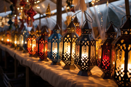 decorative lanterns lighting up a festive market stall, created with generative aiの素材