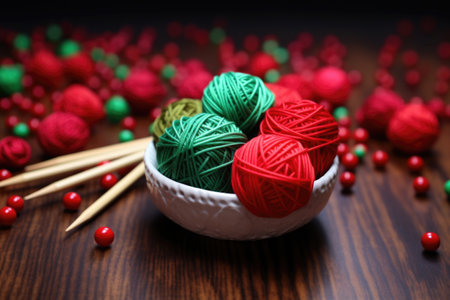 red and green yarn balls near knitting needles, created with generative aiの素材