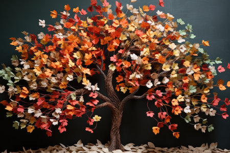 thankful tree made with twigs and autumn colored paper leaves, created with generative aiの素材